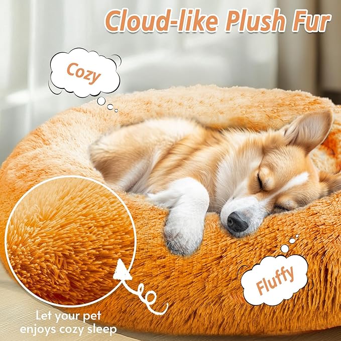 JOLLYVOGUE Calming Dog Bed for Small Dogs - 23 inches Donut Washable Small Dog Bed for Kittens & Puppies, Anti-Slip Round Fluffy Plush Faux Fur Cat Beds (Fits up to 25 lbs Pets, Orange)