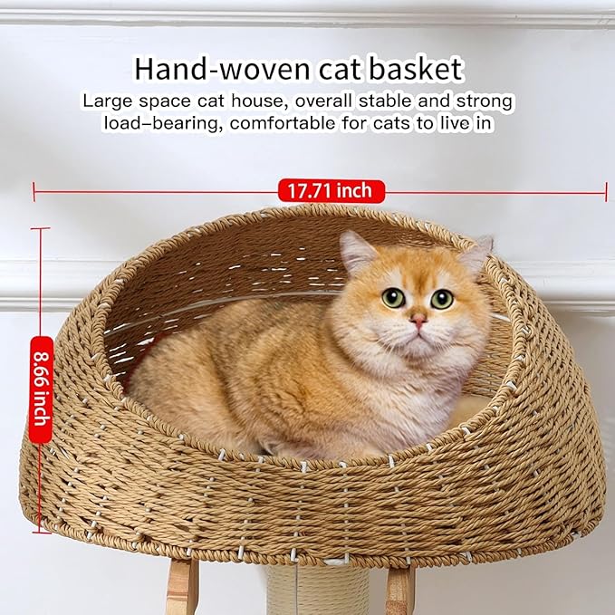 Modern Cat Tree, 30 Inch Wood Cat Tree Tower with Hand-Woven Basket Nest, Sisal Staircase and Scratch Toys, Heavy-Duty Multi-Level Indoor Tower
