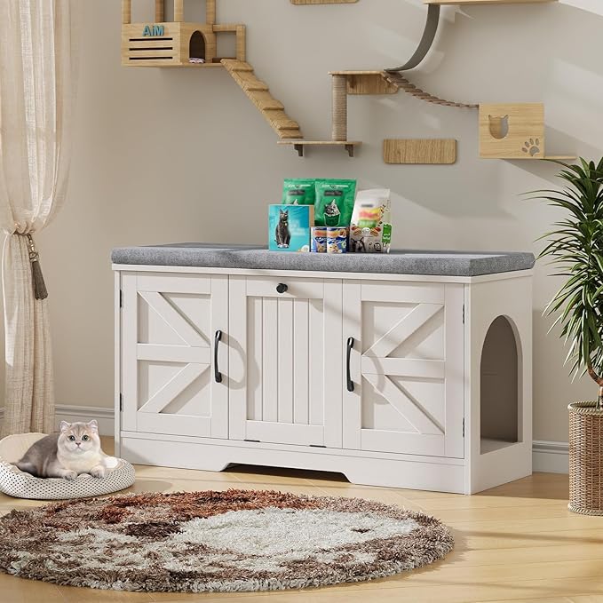 Vabches Flip Top Cat Litter Box Furniture with Storage, Cat Box Litter Enclosure with Cushion, Farmhouse Indoor Cat House with 3 Doors, Pet Washroom Hidden Litter Box, White