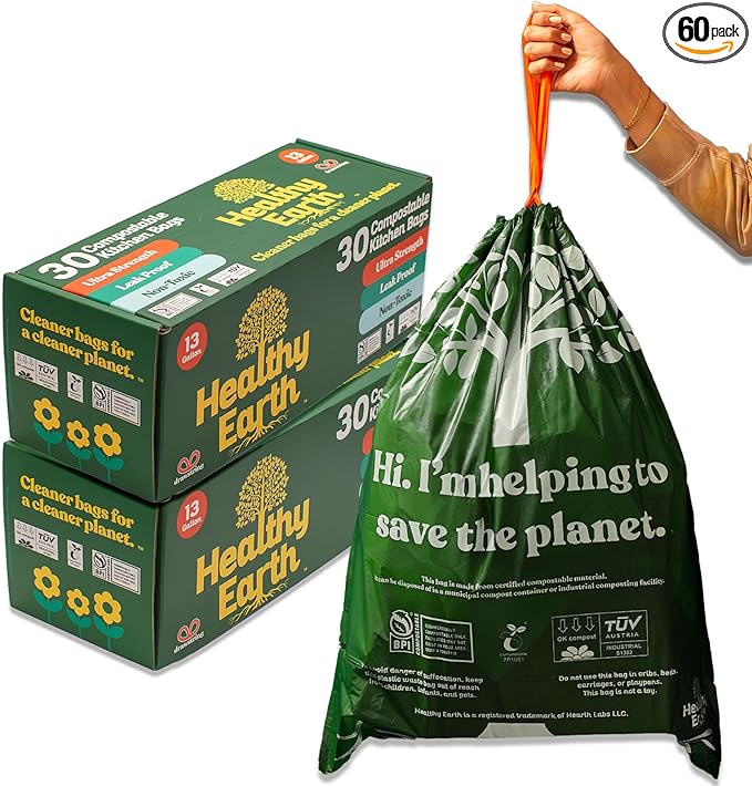Healthy Earth 13 Gallon Compostable Drawstring Trash Bags, 1.13 Mil Extra Thick Tall Kitchen Liners (49.2 L), Heavy Duty Leak-Proof Food Scrap Bags, BPI & TÜV OK Compost Certified, 60 Count