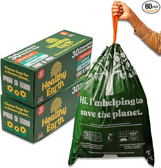 Healthy Earth 13 Gallon Compostable Drawstring Trash Bags, 1.13 Mil Extra Thick Tall Kitchen Liners (49.2 L), Heavy Duty Leak-Proof Food Scrap Bags, BPI & TÜV OK Compost Certified, 60 Count