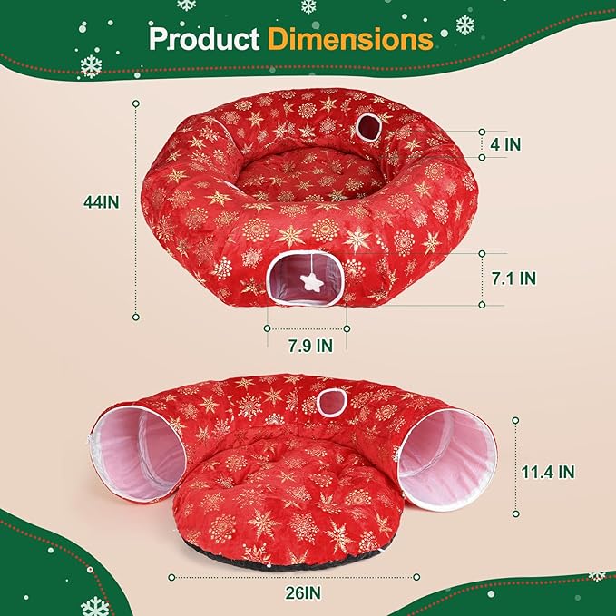 Cat Tunnel Bed for Indoor Cats, XL Christmas Tree Skirts Washable Warm Soft Indoor Cat Donut Tunnel, Multifunctional Cat Interactive Playground Toys for Felines Pet Christmas Tree Decoration
