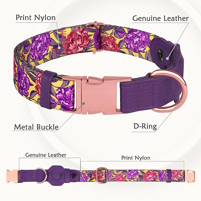 AirTag Dog Collar for Small Medium Large Breed - Adjustable Cute Pattern Dog Collar with Airtag Holder - Soft Leather Tracker GPS Apple Air Tag Pet Collars (Large, 17"-21" Neck Fit, Peonies)