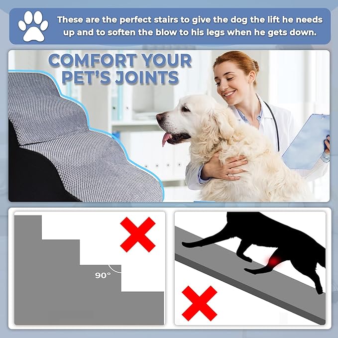 4 Steps Pet Stairs for Small Dogs, 19” High Curved Dog Stairs for Bed with Non-Slip Base, High-Density Foam, and Removable Washable Cover