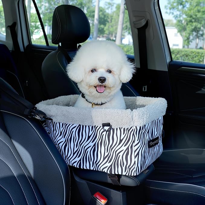 Center Console Dog Car Seat, Puppy Carseat for Small Dogs, Cat Car Seat with Metal Frame and Double Protection Seat Belts, Pet Booster Seat with Washable Cushion and Clip-on Leash Cute Zebra Print