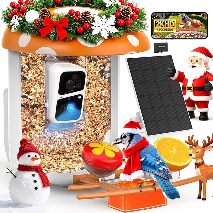 Smart Bird Feeder with Camera 2K Live Real-Time Alert AI Identify with 32G Card DIY Attachments Camera Bird Feeder Solar Powered Wireless Outdoor Birdwatching Gift for Birds Lover, Orange
