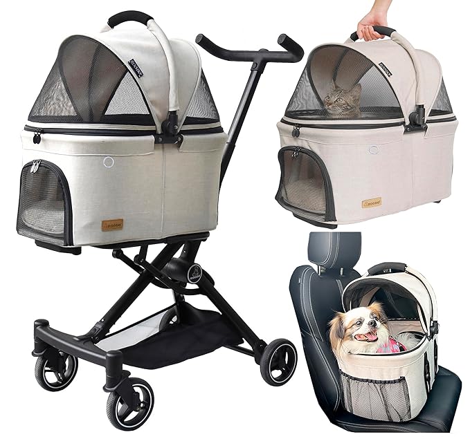 ROODO 2026 Upgraded Version 3 in 1 Dog Cat Stroller With Detachable Carrier&Car Seat Lightweight Folding Portable All Terrain Pet Travel System Puppy Kitty Doggie Bunny Stroller for 30lbs(Light Khaki)