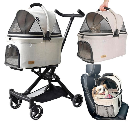 ROODO 2026 Upgraded Version 3 in 1 Dog Cat Stroller With Detachable Carrier&Car Seat Lightweight Folding Portable All Terrain Pet Travel System Puppy Kitty Doggie Bunny Stroller for 30lbs(Light Khaki)