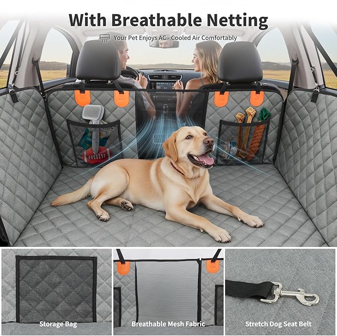 HOTEAGLE Dog Seat Covers for Back Seat, Hard Bottom Back Seat Extender for Dogs, 600D Upgraded Material Waterproof and Comfortable with 400lbs Holds, Ideal for Car Trips and Outdoor Adventures（Grey）
