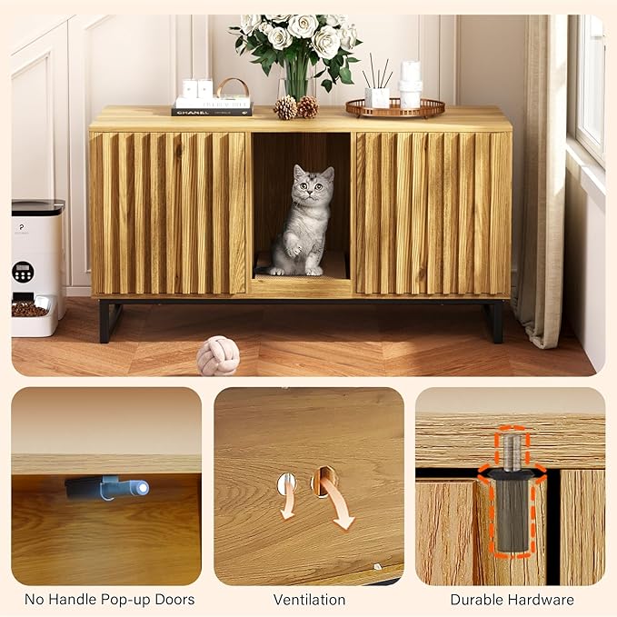 Double Litter Box Enclosure,Modern Cat Litter Box Enclosure for 2 Cats, Hidden Litter Box with Cat Scratch Pad, Cat Washroom Cat House End Table, Entryway Bench for Livingroom (Natural)