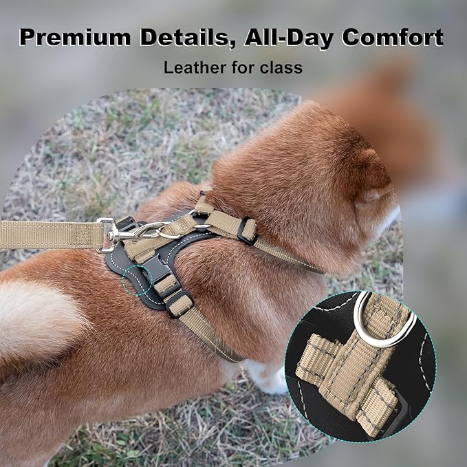 Plutus Pet Adjustable No Pull Dog Harness with Leather Accents, Heavy Duty Reflective Nylon Vest for Training, Hiking, Easy Walk Harness for Small, Medium, Large Dogs (Beige, L)