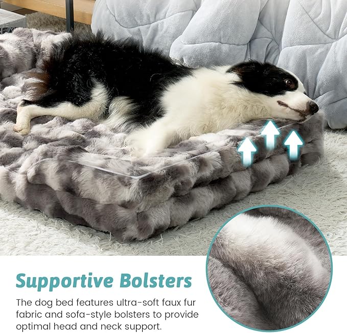 Orthopedic Dog Bed for Extra Large Dog, Soft and Warm Faux Fur Sofa for Giant Pet Up to 150 lbs, Foam Bolster Anti-Slip Couch with Washable Removable Cover, XXL 48x35x8 inch, Tie Dye Grey