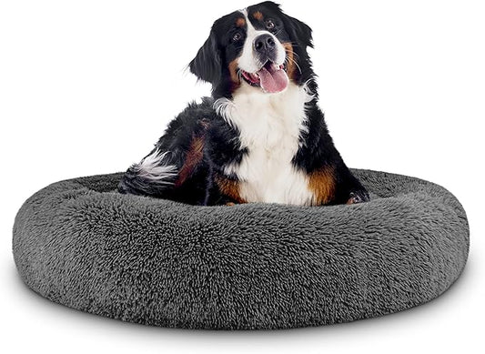 The Dog’s Bed Sound Sleep Donut Dog Bed, XL Dark Grey Fur Calming Nest Bed Removable Cover, Veterinary Approved
