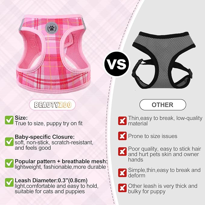 BEAUTYZOO Small Dog Harness and Leash Set, Step in No Choke No Pull Soft Mesh Dog Harnesses Reflective for Small Medium Puppy Dogs and Cats, Plaid Dog Vest Harness for S M Pets, Light Pink XXS