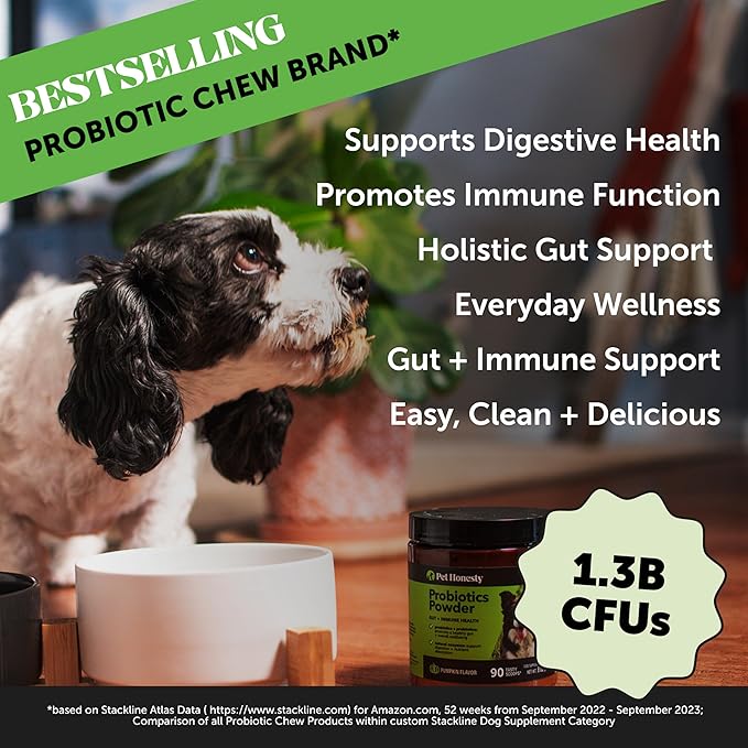 Pet Honesty All-Natural Probiotic & Pumpkin Powder Dog Supplement - Prebiotics, Probiotics, Enzymes & Antioxidants for Healthy Gut Flora, Digestion & Immunity (90 Scoops)