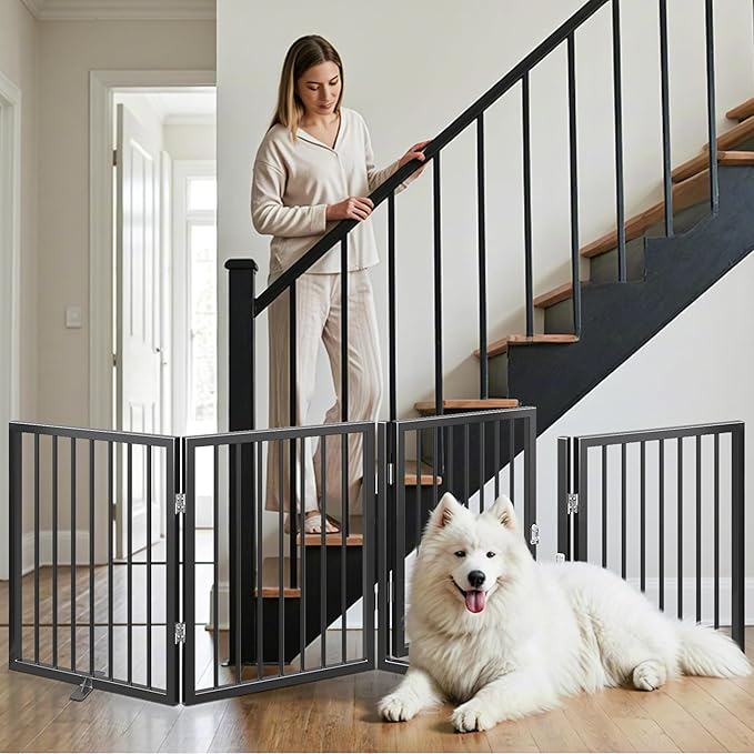 Vantas Folding No-Assembly Metal Pet Gate 80" Wide, 24" Extra Tall Dog Gate with Door Walk Through, Freestanding Accordion Puppy Gate Dog Door for Indoor & Outdoor, with 2PCS Support - Black