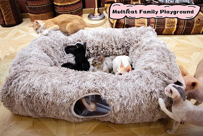 XxingSheep 4 Cave Shuttled XL Cat Tunnel Bed for Indoor Cats Peekaboo Toy Donut with Warm Mat, Yellow-Brown