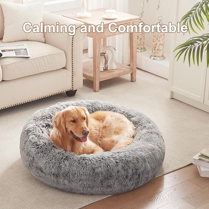 36 inches Donut Dog Bed for Large Dogs - Calming Fluffy Round Pet Bed with Removable & Washable Cover,Fits up to 80 lbs Pets (Dark Grey,Large)
