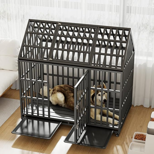 52 Inch Heavy Duty Dog Crate, ACIDBOLT Indestructible Escape Proof XL Metal Dog Kennel Cage for Large Medium Small Dogs, Indoor High Anxiety Pet Crate with 2 Door, 4 Lockable Wheels and Removable Tray