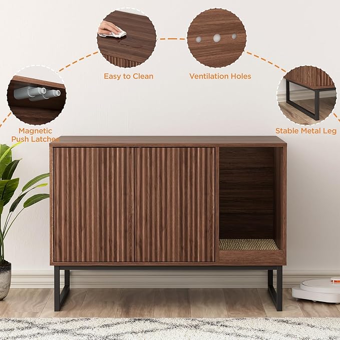 Cat Litter Box Enclosure, Fluted Hidden Litter Box Furniture with Scratch Pad and Metal Legs, Modern Enclosed Cat Cabinet, 31.5 x 17.7 x 21.7 Inches Indoor Pet House for Living Room, Washroom, Walnut