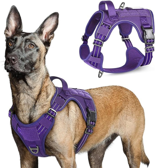 rabbitgoo Tactical Dog Harness for Large Dogs, No Pull Military Service Vest with Handle & Molle, Easy Control for Training Walking, Adjustable Reflective Straps, Purple, L