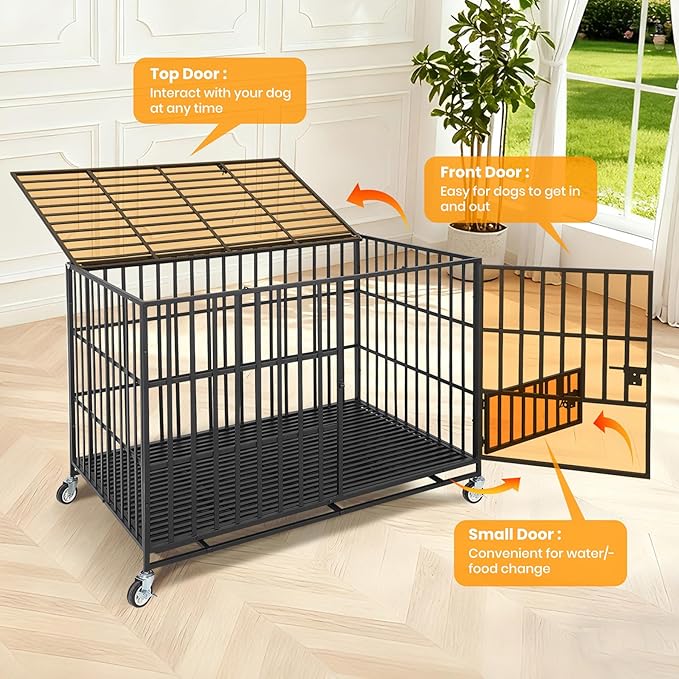 Garvee 49 Inch Heavy Duty Dog Crate, Metal Escape Proof Dog Kennel Indoor with 3 Doors, Removable Tray, Extra Large Dog Cage with Wheels for Large and Medium Dogs, Black