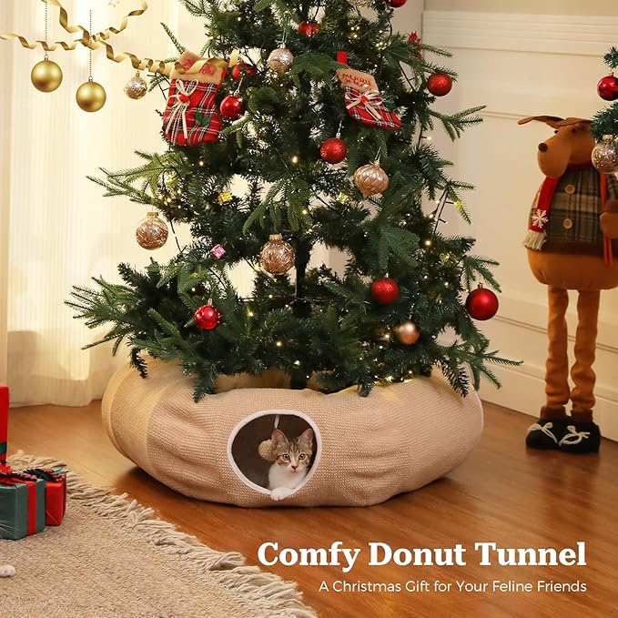 PEQULTI Cat Donut Tunnel with Bed for Indoor Cats, Cat Play Tunnel with Washable Soft Plush Mat, Round Tube Toys Cute Tube for Kittens, Puppies, Rabbits and Ferrets, Beige
