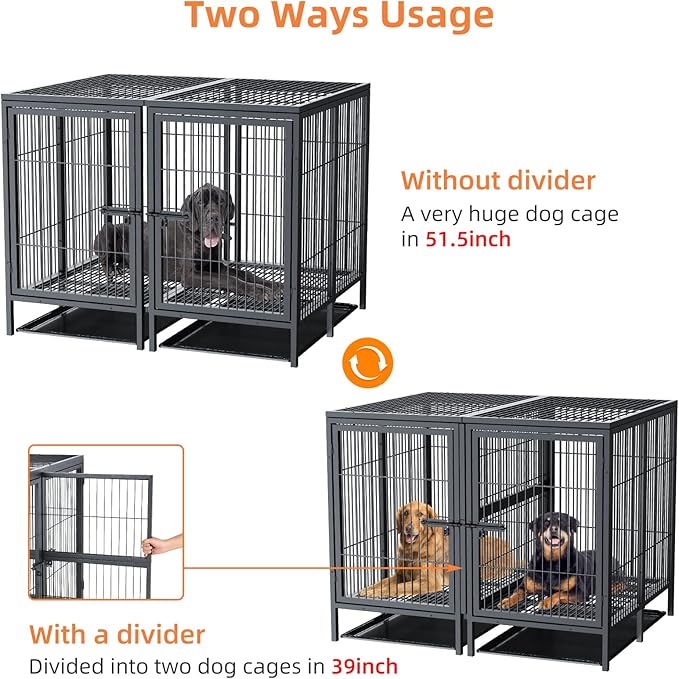 BingoPaw Heavy Duty Dog Crate: 52Inch Extra Large Dog Kennel Indoor with Divider - Metal Crates for Dogs Indoor with Two Door and Tray for Small Medium Large Dogs