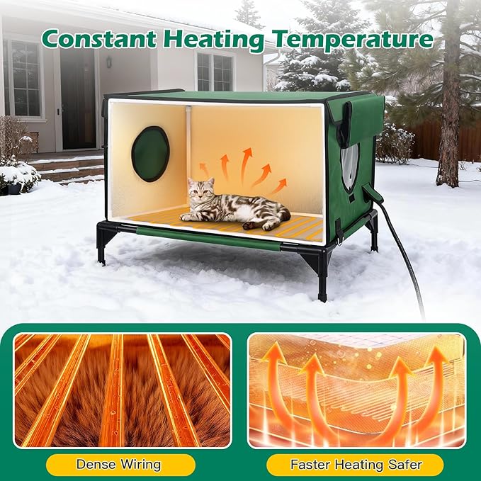 Heated Cat House for Outside Winter, Insulated & Weatherproof, Elevated Heated Cat Shelter with Heating Pad, Escape Door & 4 Windows, Warm House for Outdoor Stray Feral Barn Cats (Green, 26"x16"x20")