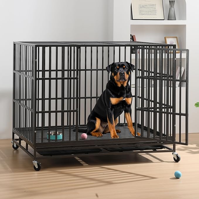 60 inch Heavy Duty Dog Crate, Folding Dog Kennel No Assembly, Escape Proof Large Dog Cage Kennel with Lockable Wheels, High Anxiety Pet Playpen with Double Door Indoor/Outdoor