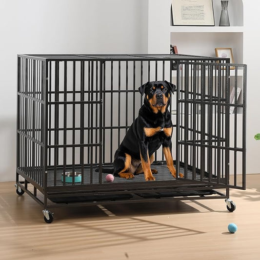 60 inch Heavy Duty Dog Crate, Folding Dog Kennel No Assembly, Escape Proof Large Dog Cage Kennel with Lockable Wheels, High Anxiety Pet Playpen with Double Door Indoor/Outdoor