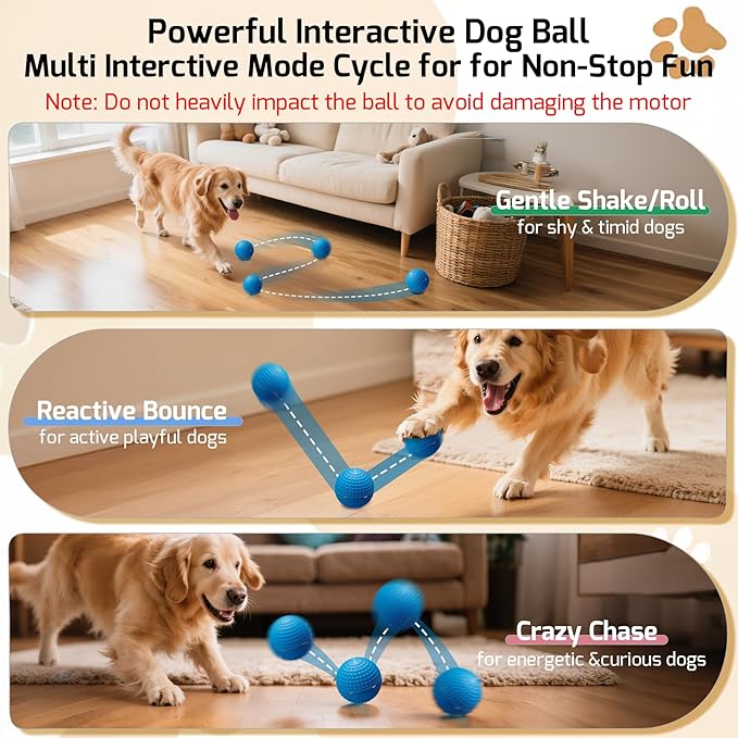 Chew Resistant Smart Interactive Dog Balls, Durable Food-Grade Rubber Material, Automatic Moving, Bouncing, Rotating Toy with Light for Medium, Large Dogs, IPX7 Waterproof (Blue)