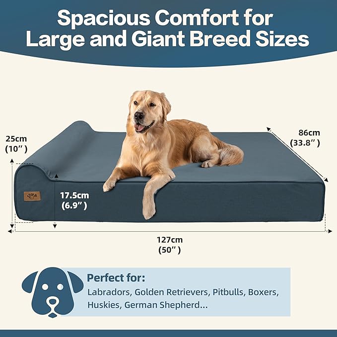 Sytopia XXL Memory Foam Dog Bed, 7 Inch Thick Extra Large Orthopedic Couch for Senior Dogs Over 100 Pounds, Water Resistant and Washable Cover, Liner, Blue Grey