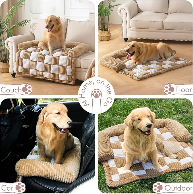 Dog Bed for Couch with Bolster, Comfy Couch Cover for Dogs Washable, Non-Slip Plush Furniture Protector, Calming Fuzzy Lounge Mat, Pet Sofa Accessories (Camel, X-Large)