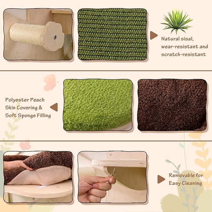 Tangkula Cat Wall Shelves, Wooden Wall Mounted Cat Tree with Hammock, Bed, Hole, Scratching Mats and Post, Green Removable & Washable Cushions, 5-Level Cat Climbing Steps