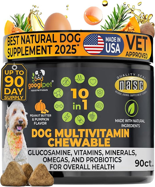 Googipet Premium 10 in 1 Dog Vitamins Multivitamin Chewable with Probiotics for Gut Health, Dog Vitamins and Supplements w/Vitamin C & Glucosamine for Joint Support (Peanut Butter & Pumpkin Flavor)