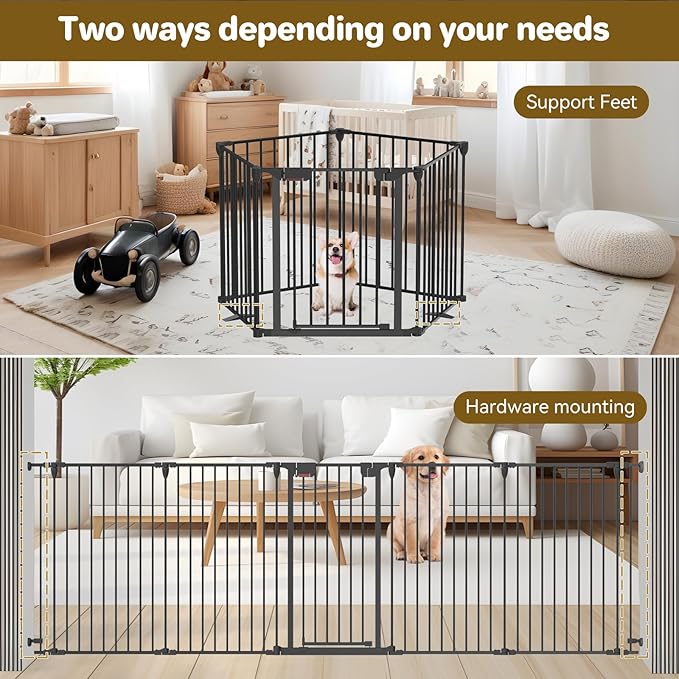 Dog Gate 27.5"-129" Extra-Wide Playpen, Freestanding Pet Gate, Puppy Fence with Auto-Close Door, Double Locking System for Fireplace, Foldable (Black, 5 Panels