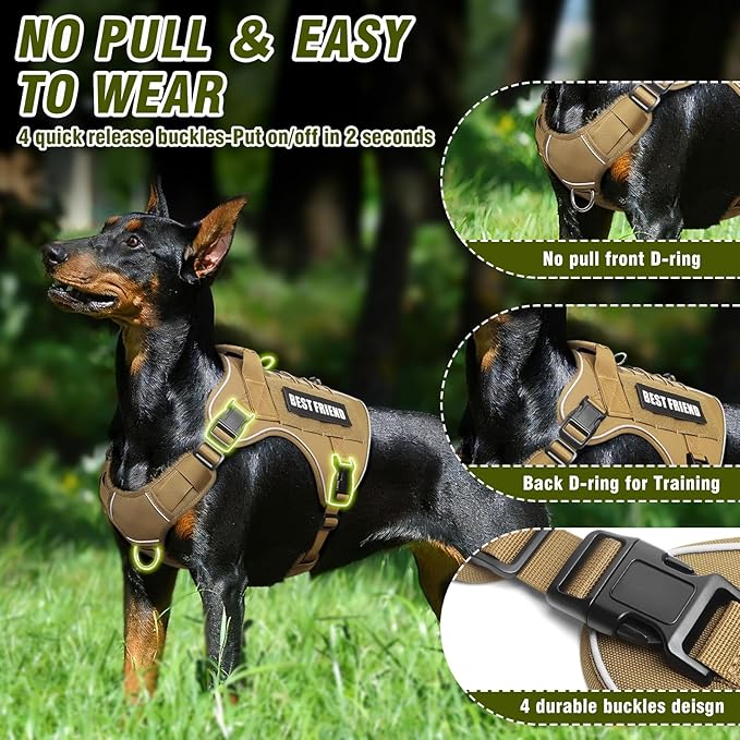 Tactical Dog Harness for Large Dogs,No Pull Military Dog Vest with Handle,Reflective Heavy Duty Pet Harness for Walking Hiking Training Brown L