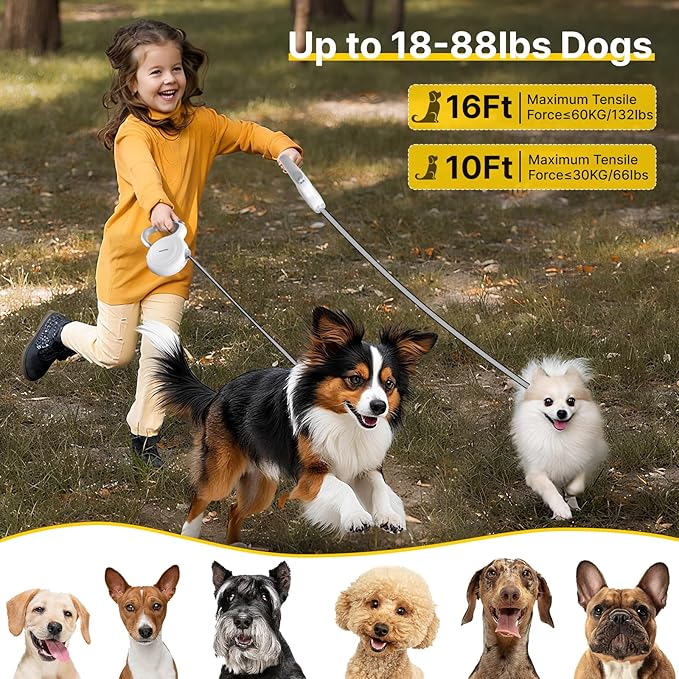 16Ft Auto-Brake Retractable Dog Leash for Middle Large Dogs 360° Tangle-Free Strong Nylon Tape and Ergonomic Anti-Slip Soft Handle One-Handed Brake Pause Lock