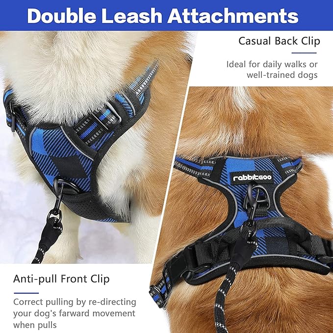 rabbitgoo Dog Harness No-Pull, Comfortable Padded Plaid Harness with Handle Easy Control, Adjustable Reflective Pet Vest with 2 Leash Clips for Small Dog, Blue Plaid, S