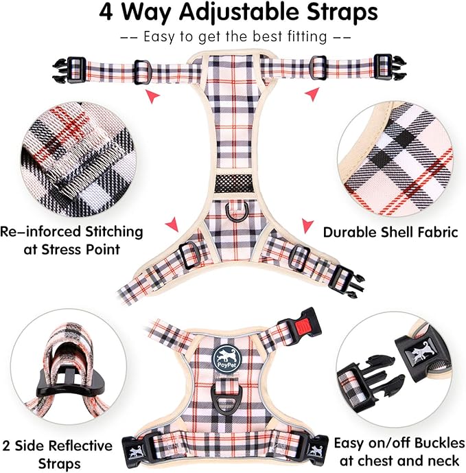 PoyPet No Pull Dog Harness, [Release on Neck] Reflective Adjustable No Choke Pet Vest with Front & Back 2 Leash Attachments(Checkered Beige,XS)
