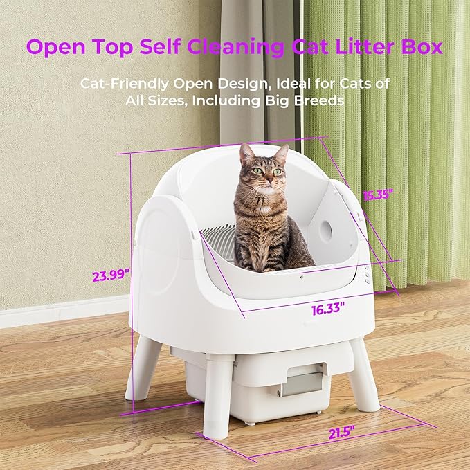 PetPivot Self Cleaning Litter Box, Open Top Automatic Litter Box for Multiple Cats, Multiple Layer Safety Protection, Liners and Mat Included, White