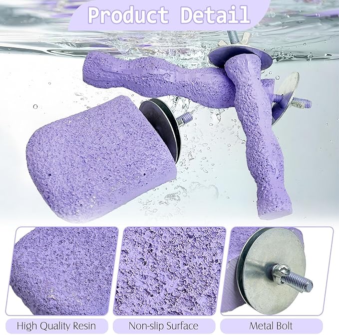 PINVNBY 5 Pack Bird Perch Resin Bird Beak Grinding Stone Parrot Cage Stand Platform Foot Claws Trimmer Chew Toy Cage Accessories for Budgie Cockatiel Conure Lovebird Finch (Purple)