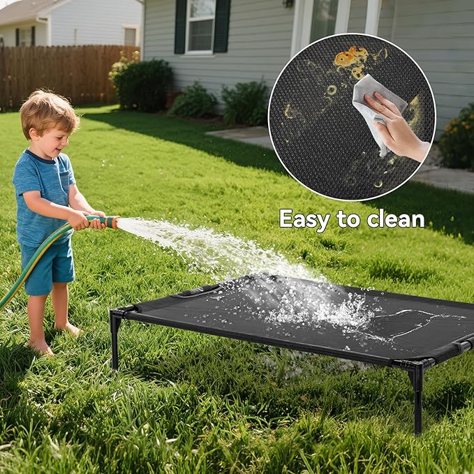 Petsfit Elevated Raised Outdoor Dog Bed - Cooling Elevated Dog Cot, Upgraded Adjustable Firmness Pet Bed，Pet Hammock Bed with Chew Proof Breathable Teslin Mesh，Non Slip, Black 42”