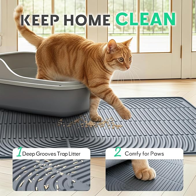 Cat Litter Box Mat,40" x 28" Extra Large Silicone Waterproof Litter Trapping Mat for Scatter Control Soft on Kitty Paws Non-Slip Easy to Clean