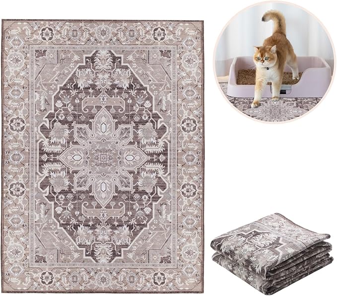 Lovewag Cat Litter Mat 2 Pack - Large 36x48 Machine Washable Easy Clean Non-Slip Waterproof Trapping Mats for Cats - Caramel Brown