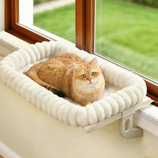 Cloud-Cuddle Cat Window Perch with 4-Sided Bolster, Zipper Design Cushion Window Seat for Window Sill, Sturdy Metal Frame & Easy Assembly Pet Hammock Bed for Indoor Cats (White, Medium)