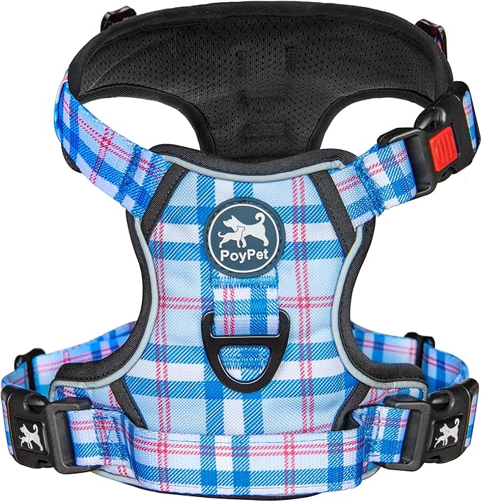PoyPet Plaid Dog Harness, No Pull Front Clip Pet Vest Harness, Soft Padded Reflective Adjustable Walking Harness with Handle for Large Medium Small Dogs(Checkered Blue, L)