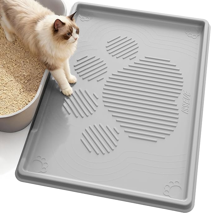 ISSEVE Cat Litter Mat 40" x 28" XL, Extra Large Silicone Mat for Litter Box, 1.38" Raised Edge Urine Waterproof Litter Trapping Mat Pad for Scatter Control, Soft on Kitty Paws, Protect Floor (Grey)