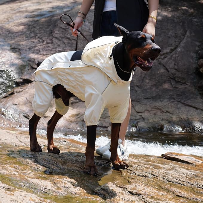 LOVELONGLONG Waterproof Dog Raincoat with Removable Hood – Outdoor Full Body Dog Jacket, Windproof Snowproof Shell Suit – All Season Pet Rain Gear Ivory XXS